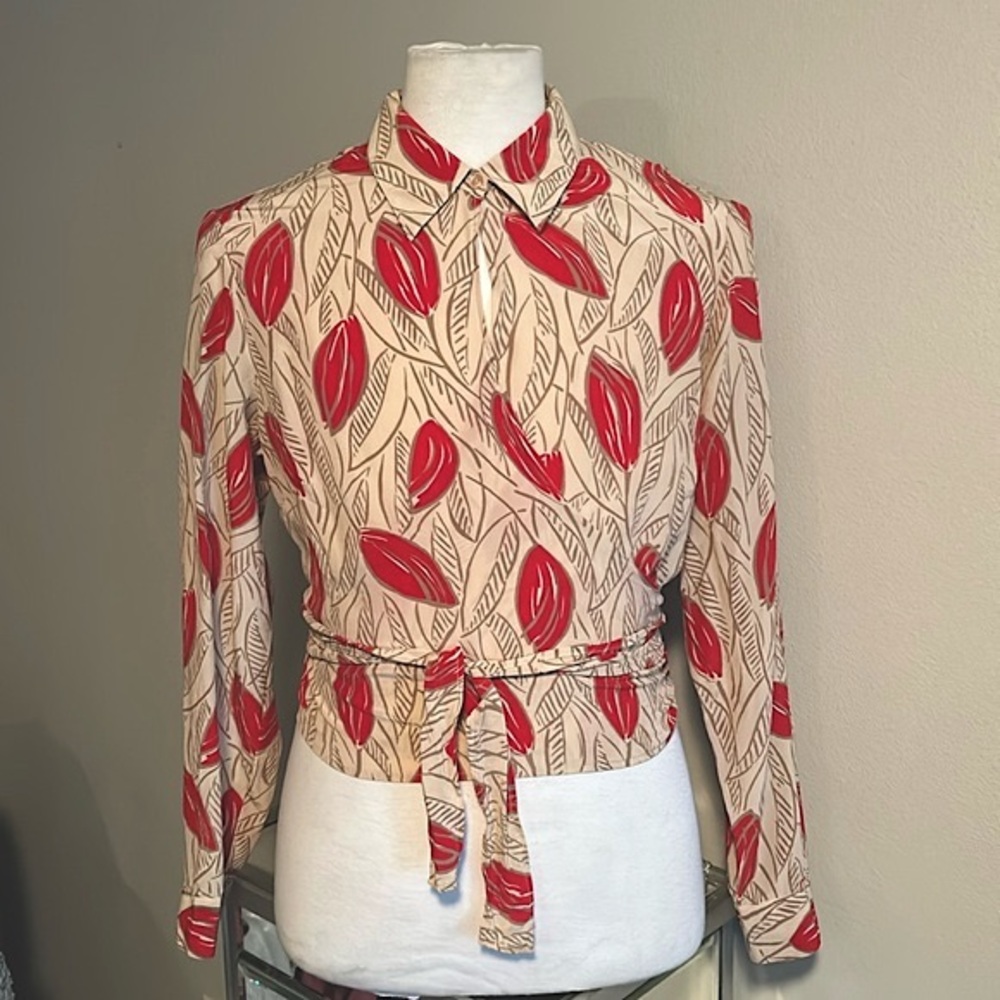 Jones New York | Womens 100% Silk Long Sleeve Leaf Print Wrap Blouse - Size 14